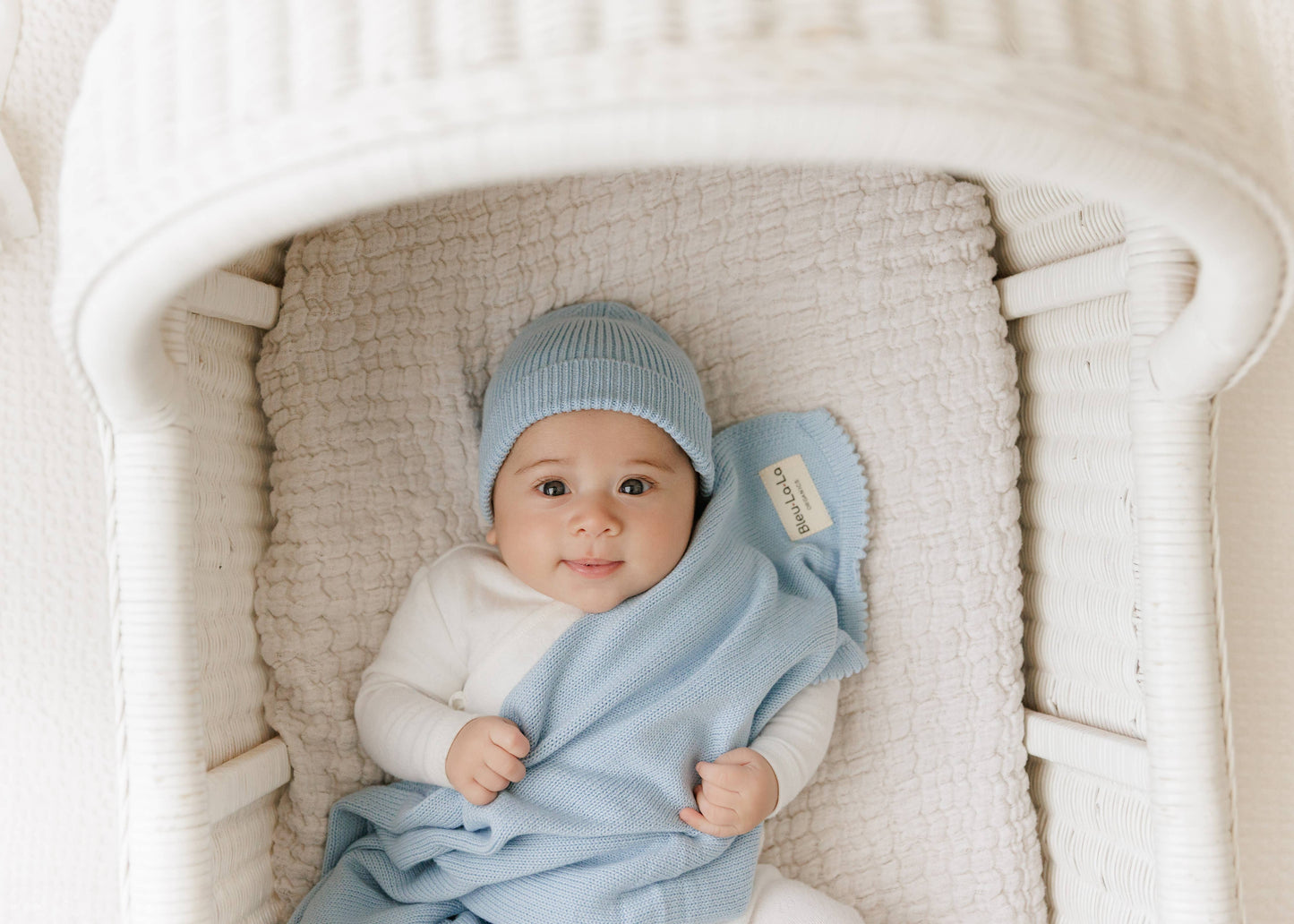 Cotton Knit Blanket + Hat Boxed Gift Set - Denim Blue - 100% Organic Cotton