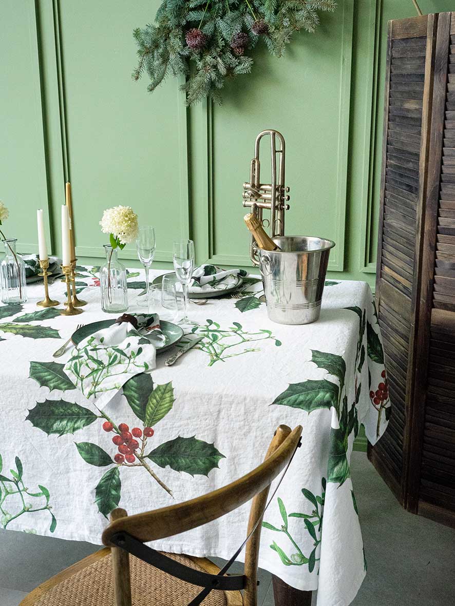 Linen Tablecloth - Holly & Mistletoe