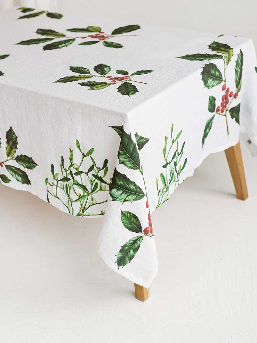 Linen Tablecloth - Holly & Mistletoe