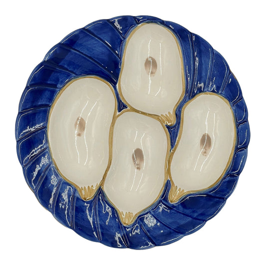 Oyster Plate, Ceramic Round - Cobalt with Gold