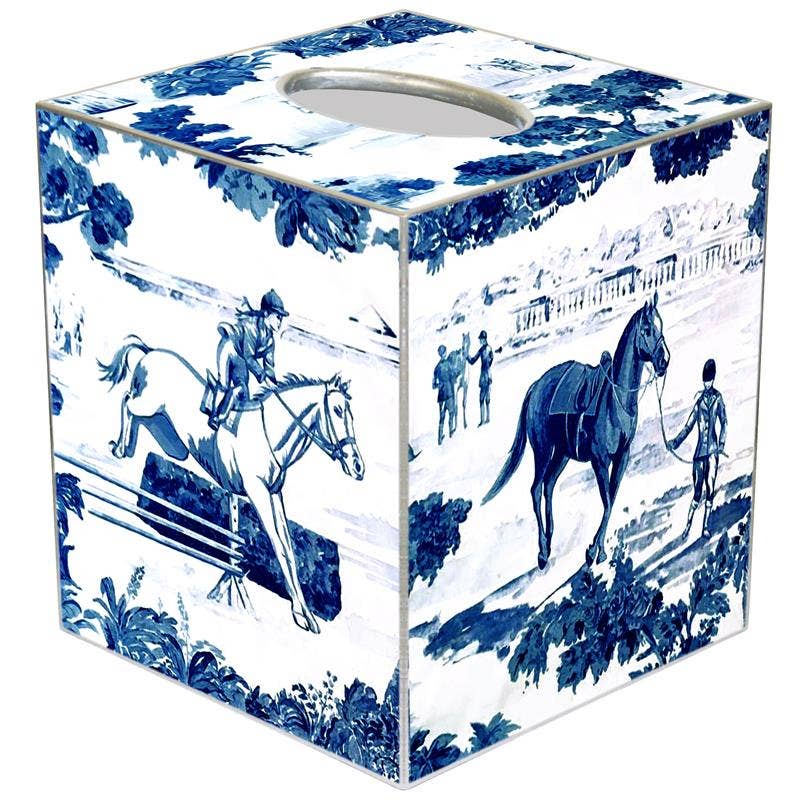 Tissue Box Cover - Equestrian Toile Blue - Paper Mache