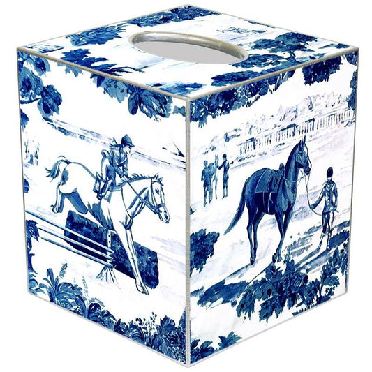 Tissue Box Cover - Equestrian Toile Blue - Paper Mache
