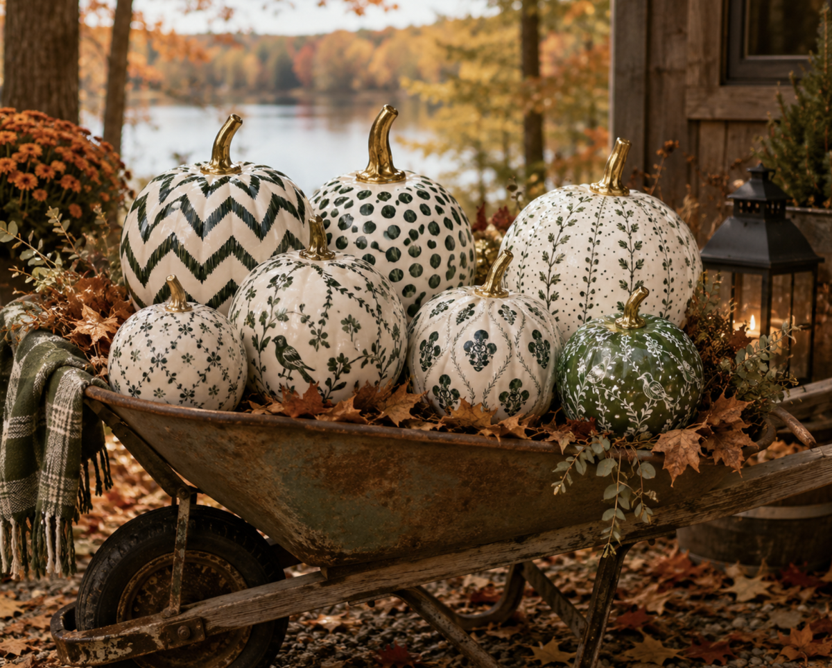 6" Pumpkin - Green Bird & Vine Silhouette