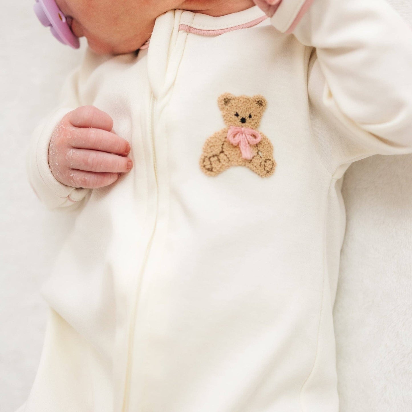 Bear Hugs Zip Footie - Dusty Rose