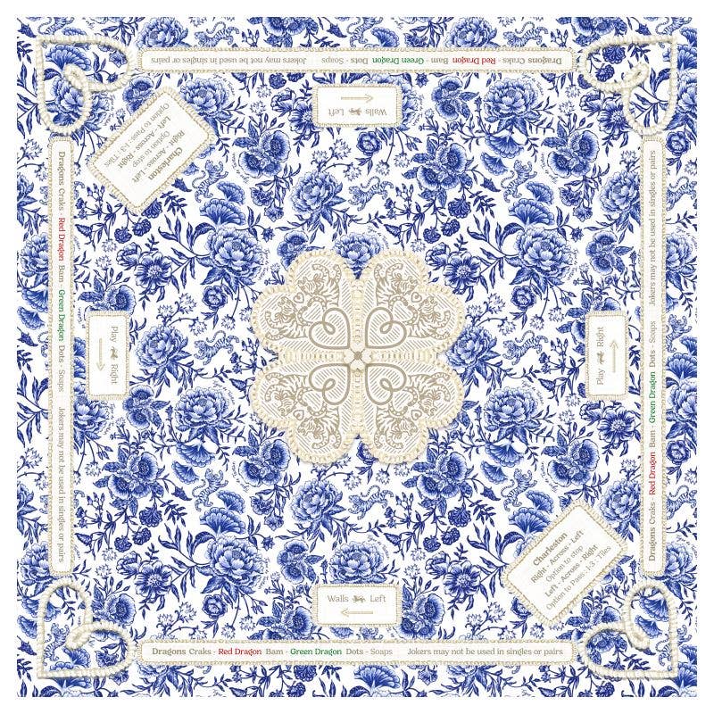 Mahjong Gaming Mat -Chinioserie Bleu -  Rules Edition