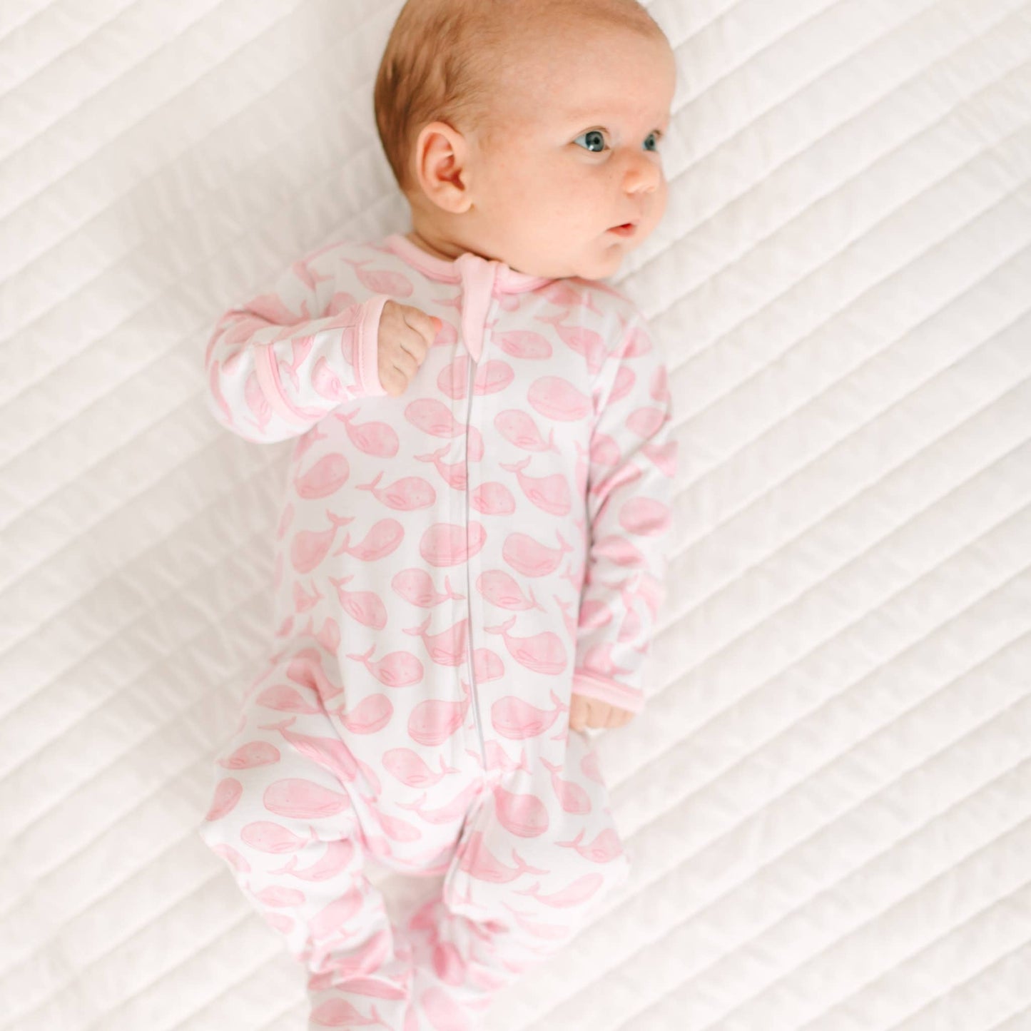 Azure Whales Print Zip Footie - Pink