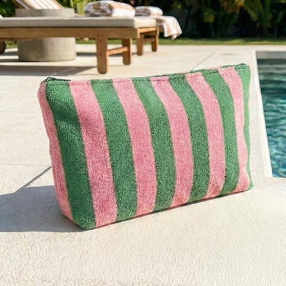 Striped Terry Cloth Cosmetic Pouch Bag: Pink&Green