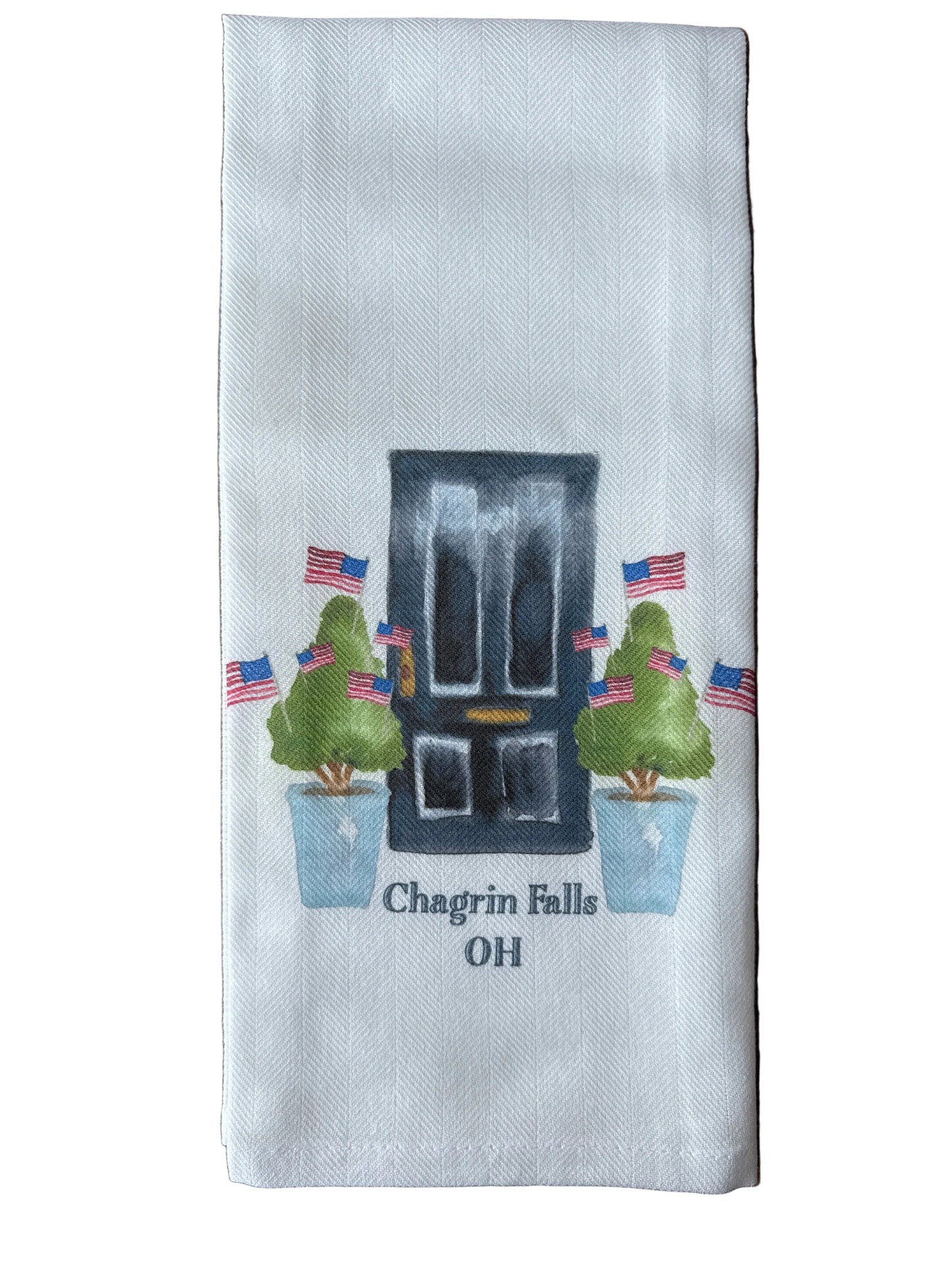 Tea Towel - Chagrin Falls - Black Door with Flags