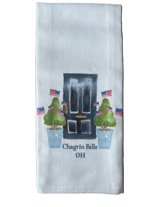 Tea Towel - Chagrin Falls - Black Door with Flags