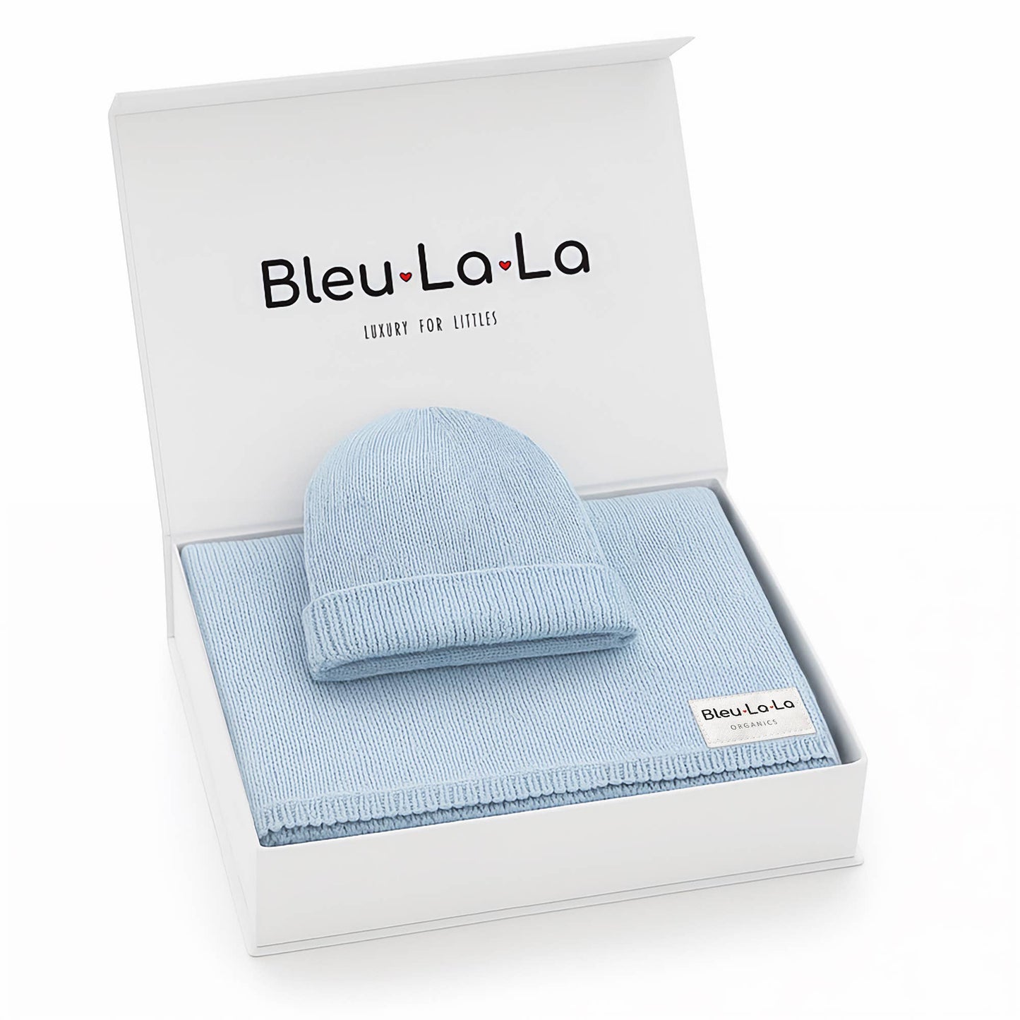 Cotton Knit Blanket + Hat Boxed Gift Set - Sky Blue - Luxe - 100% Organic Cotton