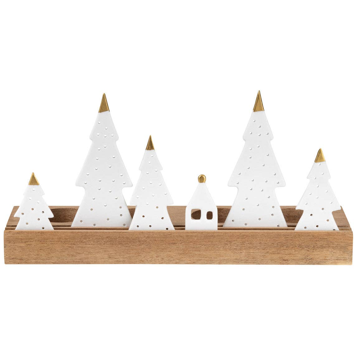 Porcelain & Wood Holiday Fir Tree Tealight Holder Set