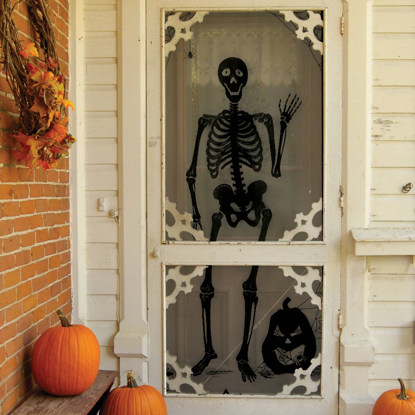 Halloween Scenic Panel - Black Bones Skeleton Spider Web