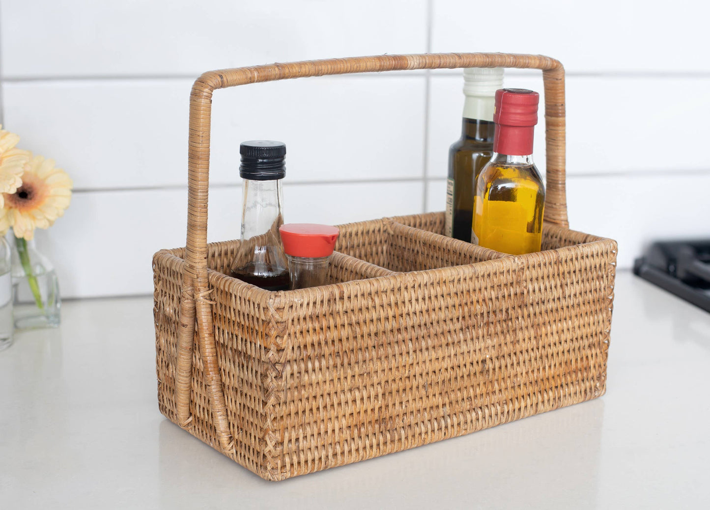 Rattan 3 Section Caddy/Cutlery Holder: Honey Brown