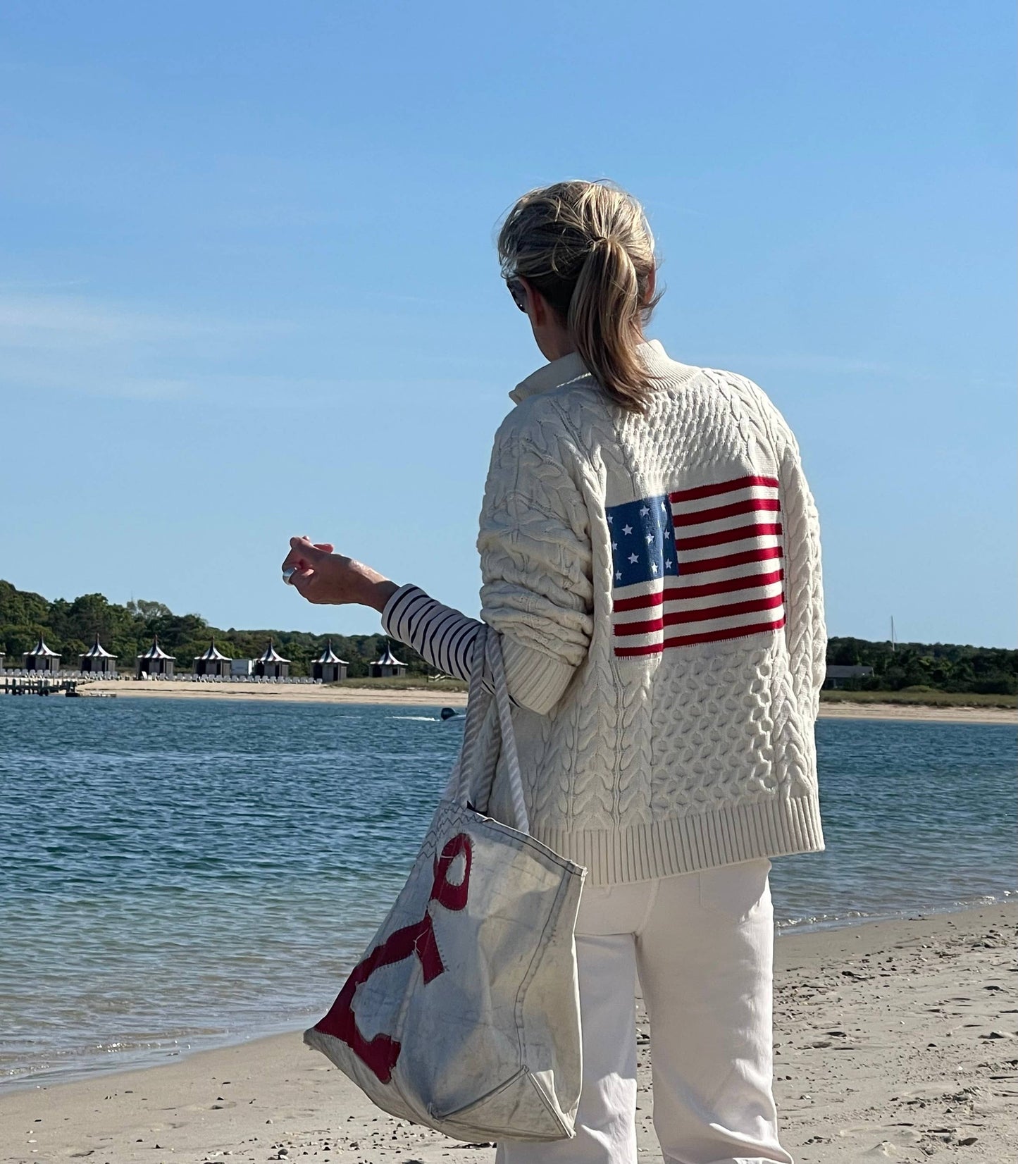 1/2 Zip Cable USA Flag Sweater - Ivory