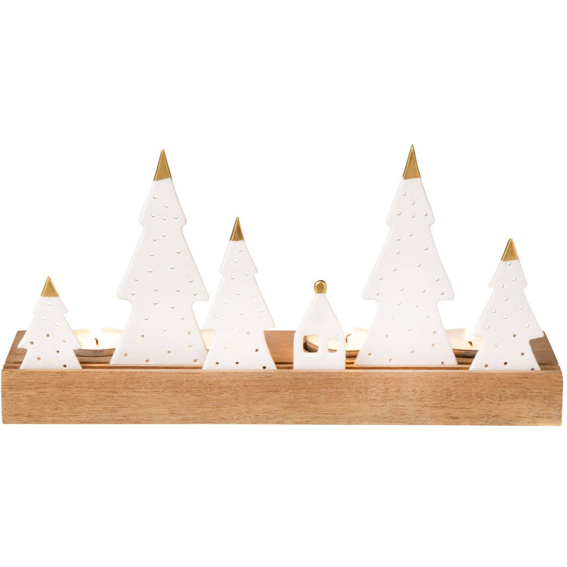 Porcelain & Wood Holiday Fir Tree Tealight Holder Set