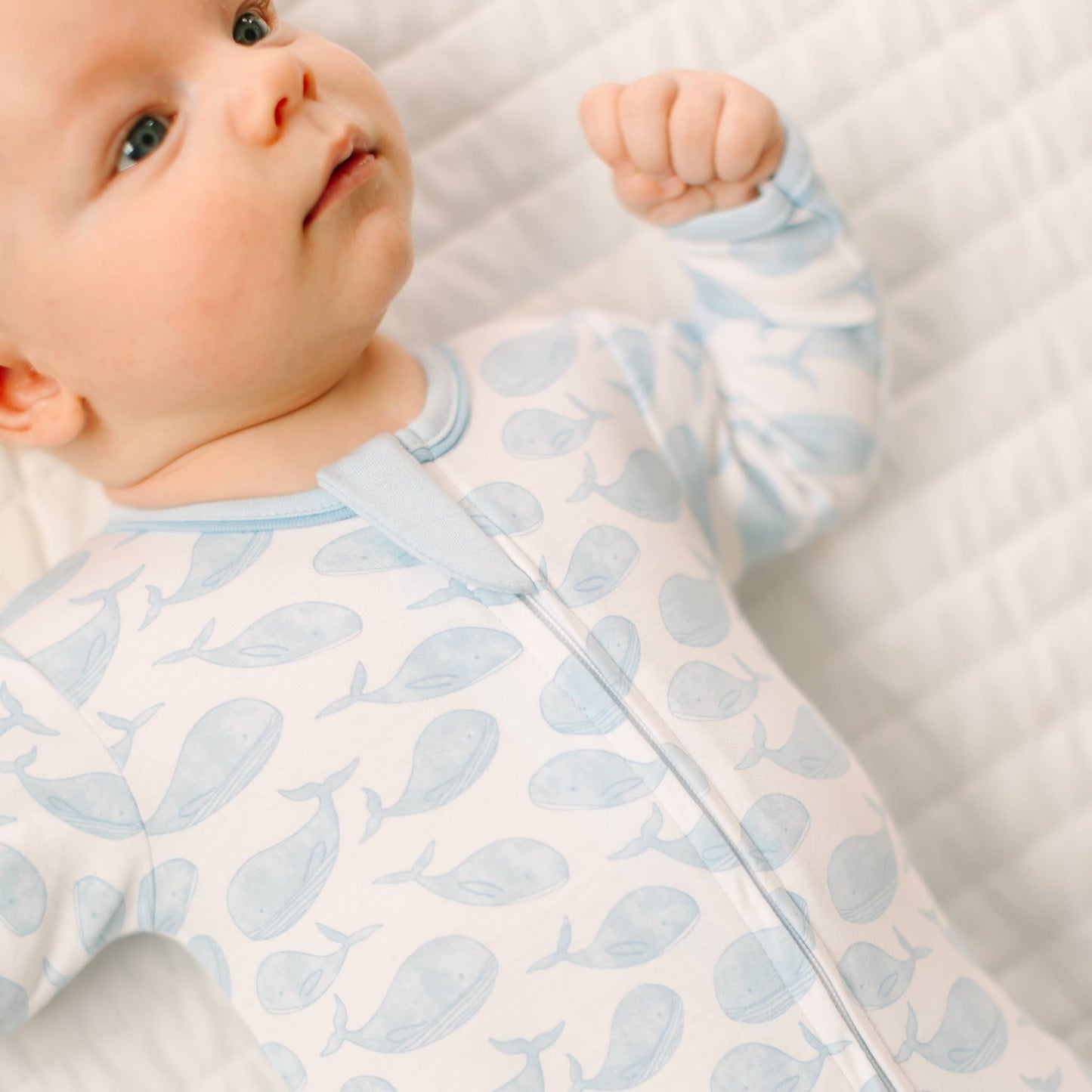 Azure Whales Print Zip Footie - Light Blue