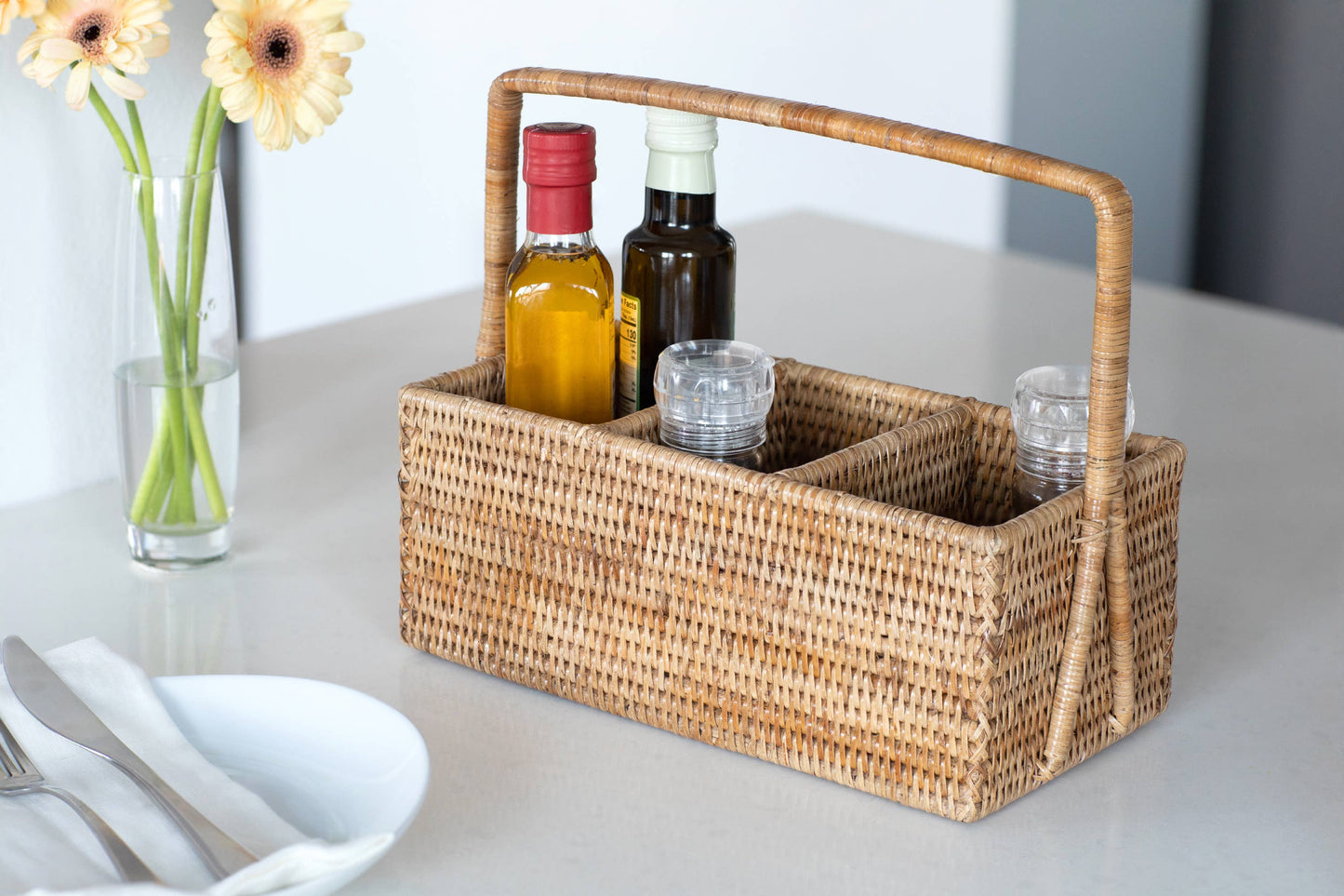 Rattan 3 Section Caddy/Cutlery Holder: Honey Brown