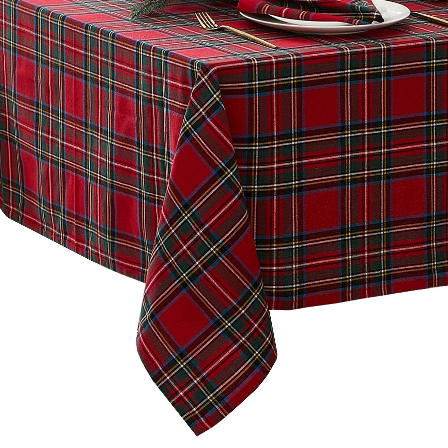Stowe Tartan Holiday Plaid Cotton Christmas Tablecloth: Red - 70" Round