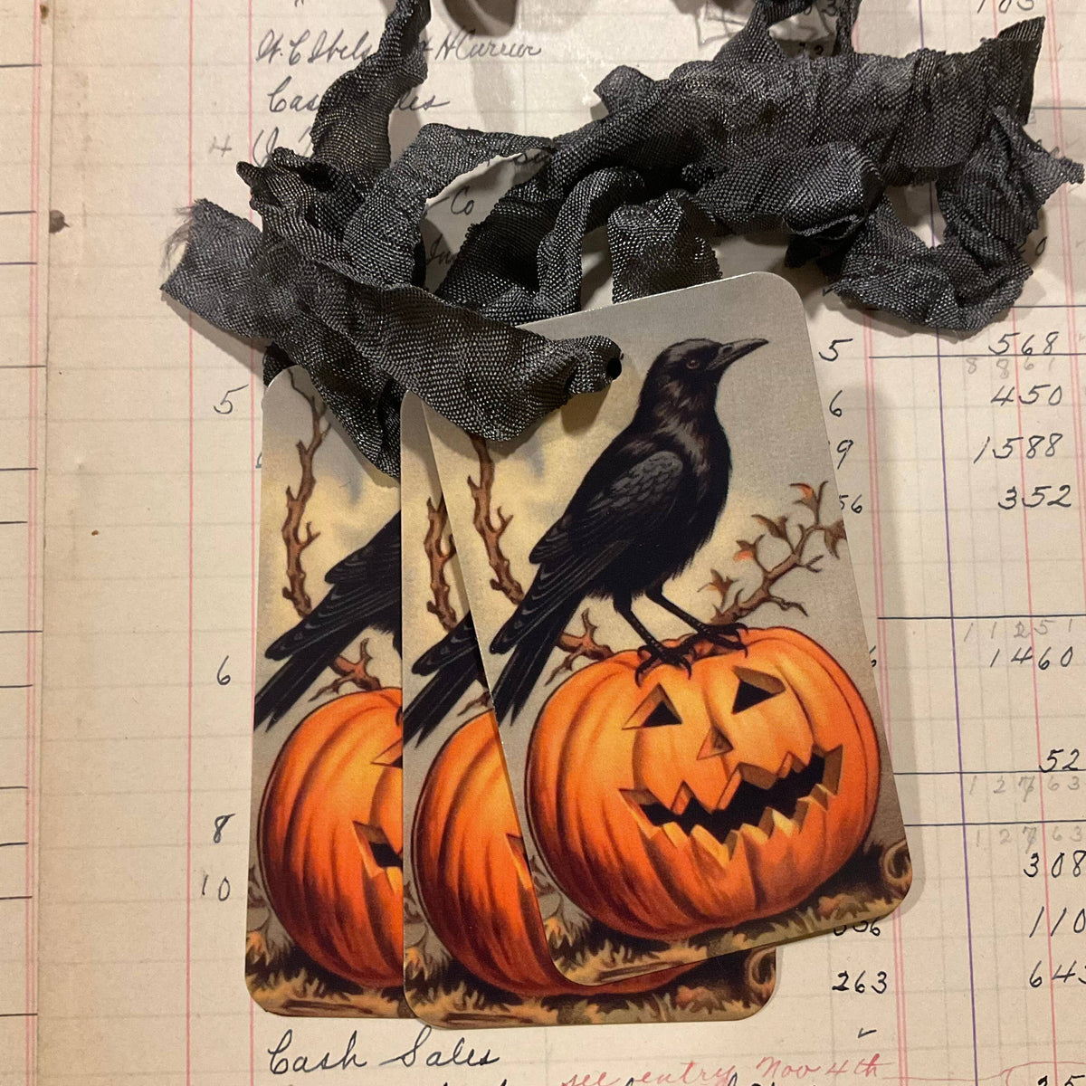 Pack of 3 Gift Tags with Crinkle Ribbon - Raven Pumpkin
