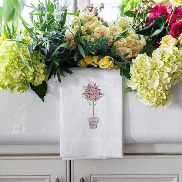 Pink Topiary Linen Towel -  White