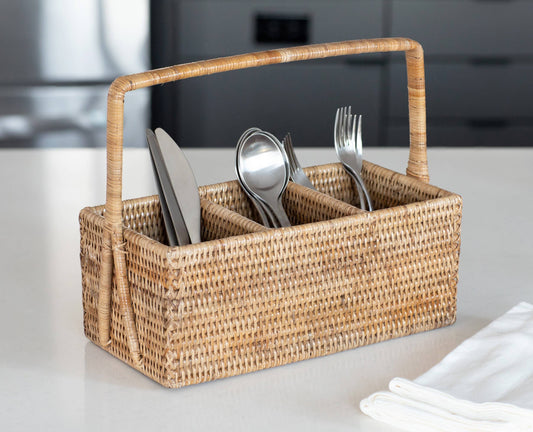 Rattan 3 Section Caddy/Cutlery Holder: Honey Brown