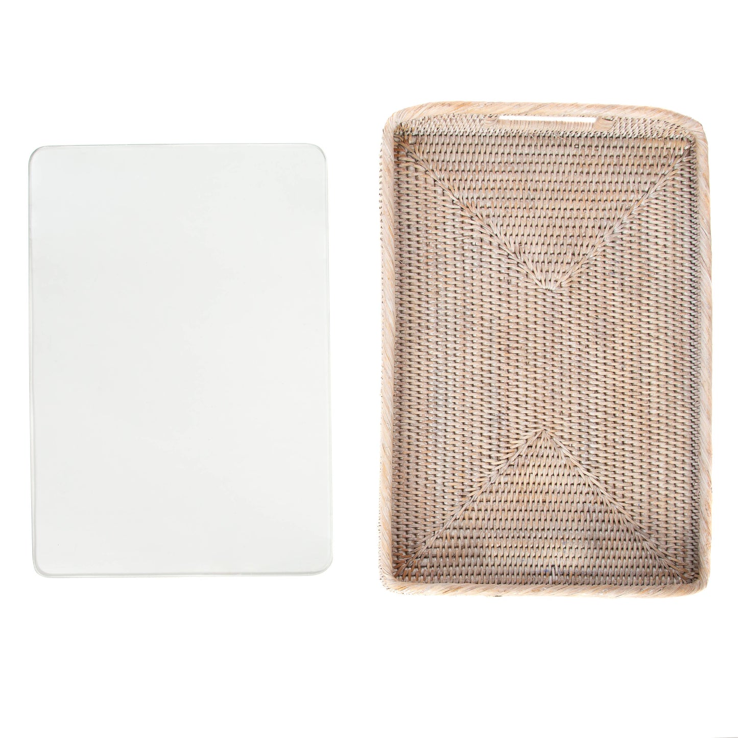 21" White Wash Rattan Rectangular Serving Tray with Glass Insert