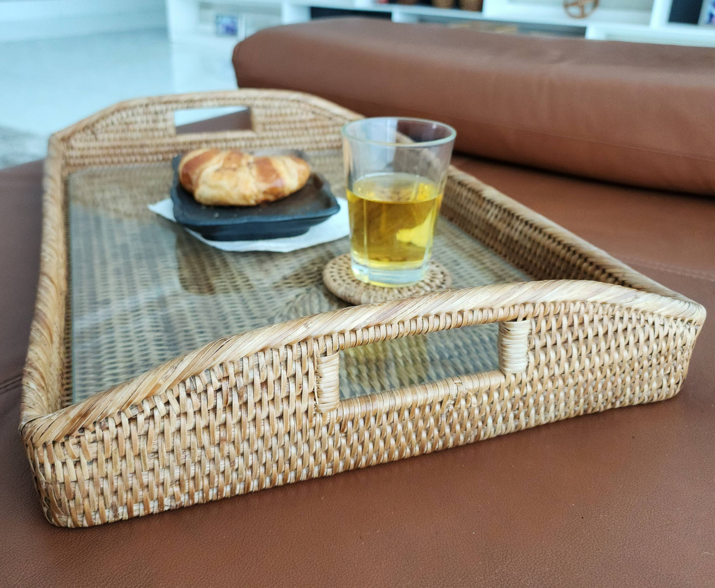 21" White Wash Rattan Rectangular Serving Tray with Glass Insert