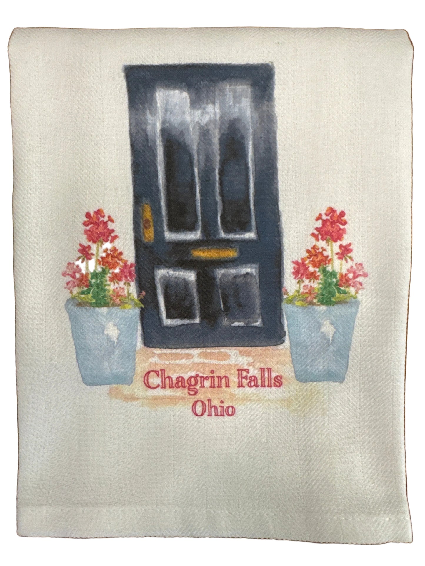 Tea Towel - Chagrin Falls - Black Door with Geraniums