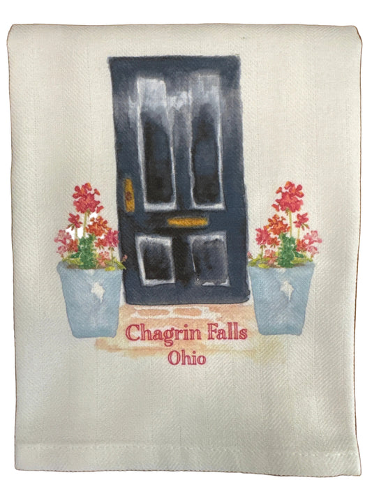 Tea Towel - Chagrin Falls - Black Door with Geraniums