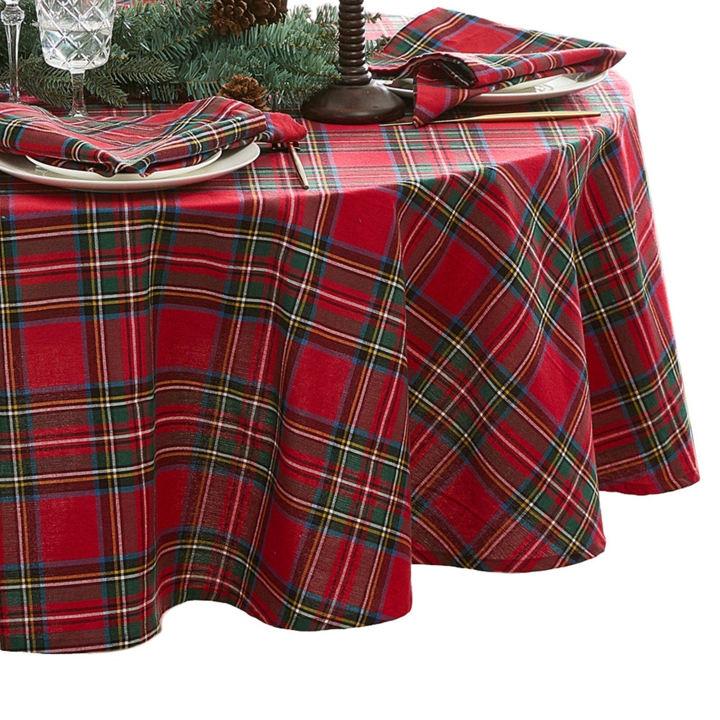 Stowe Tartan Holiday Plaid Cotton Christmas Tablecloth: Red - 70" Round