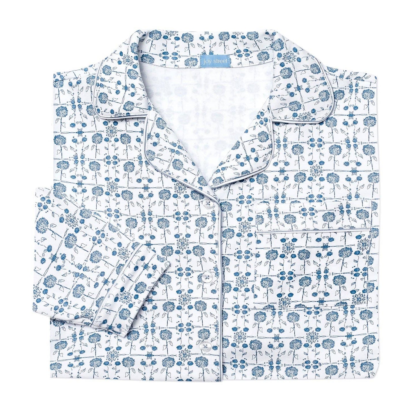 Hydrangeas Button Front Long Pajama Set: Coastal Bloom - Blue