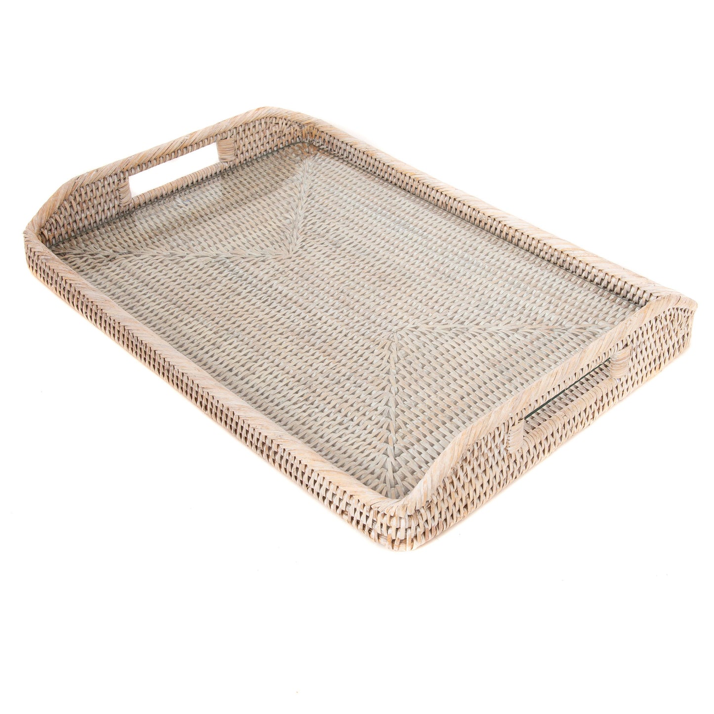 21" White Wash Rattan Rectangular Serving Tray with Glass Insert