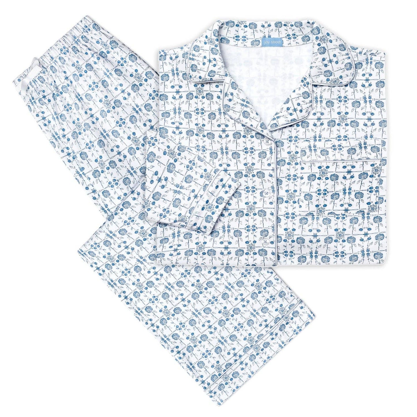 Hydrangeas Button Front Long Pajama Set: Coastal Bloom - Blue