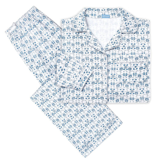Hydrangeas Button Front Long Pajama Set: Coastal Bloom - Blue