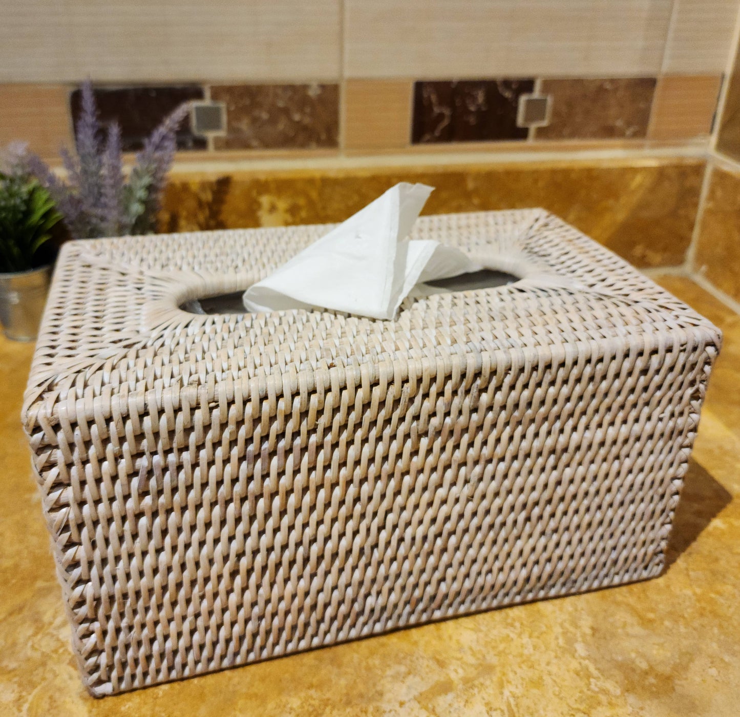 Rattan Rectangular Tissue Box Cover: Honey Brown