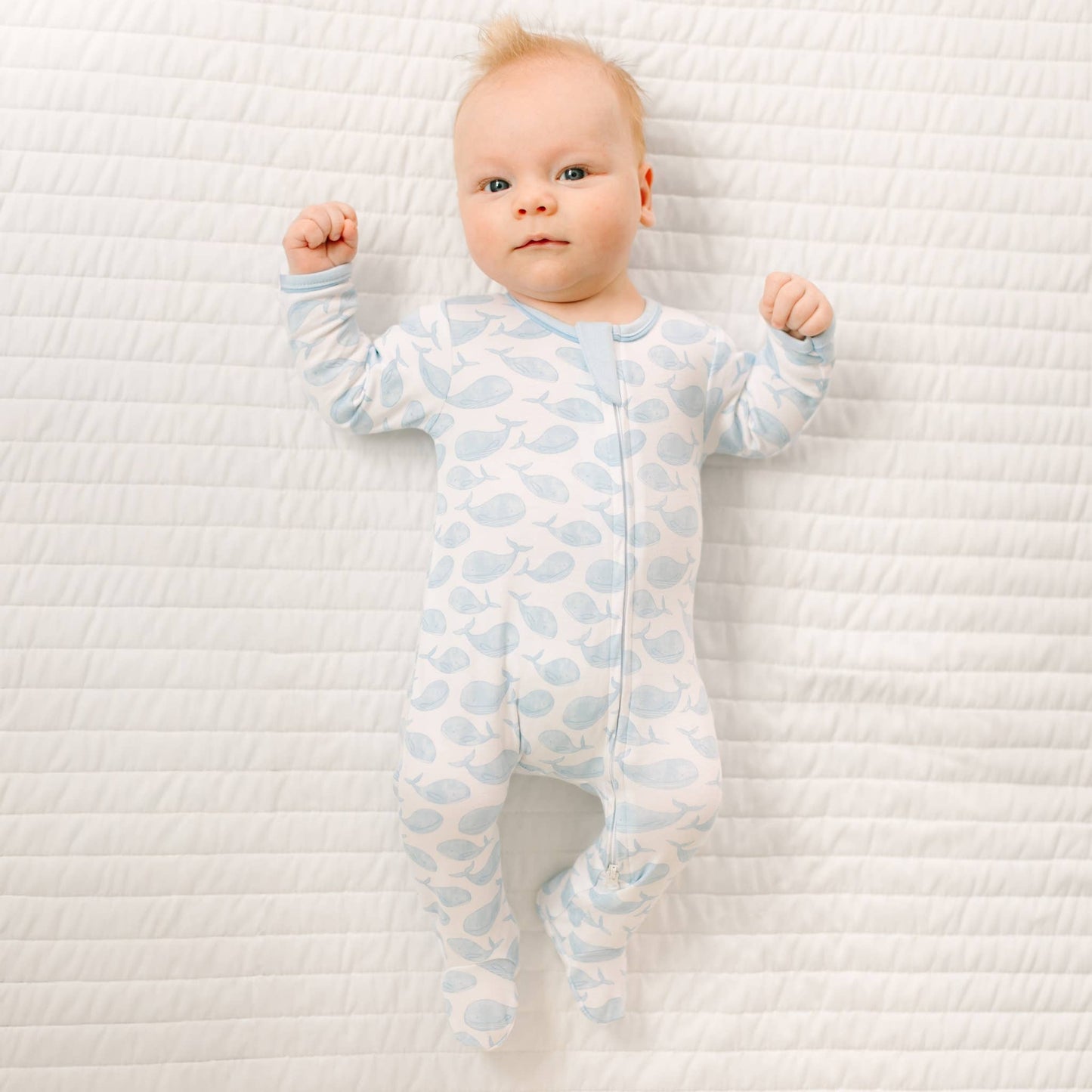 Azure Whales Print Zip Footie - Light Blue