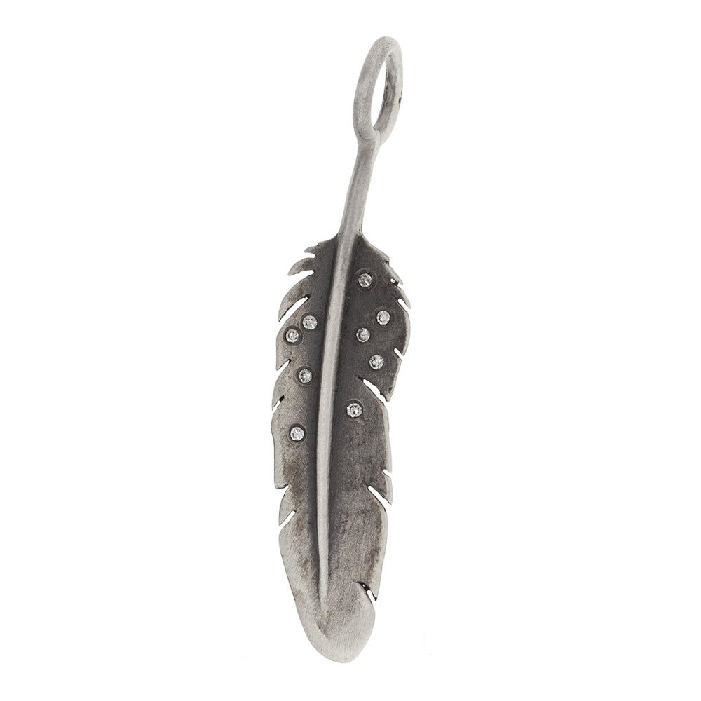 Sculptural Charm - Sterling Silver Feather with Diamonds