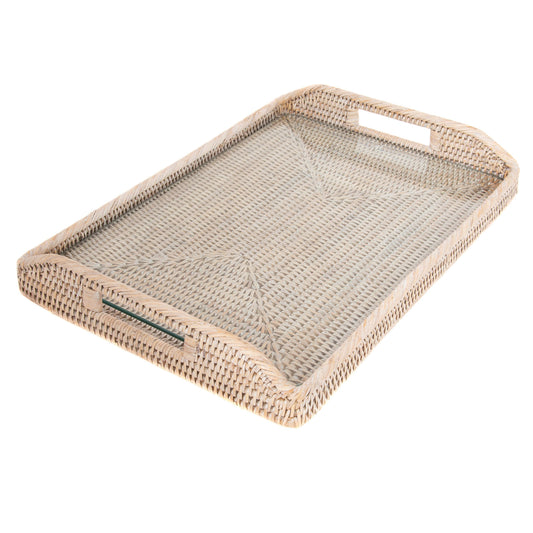 21" White Wash Rattan Rectangular Serving Tray with Glass Insert