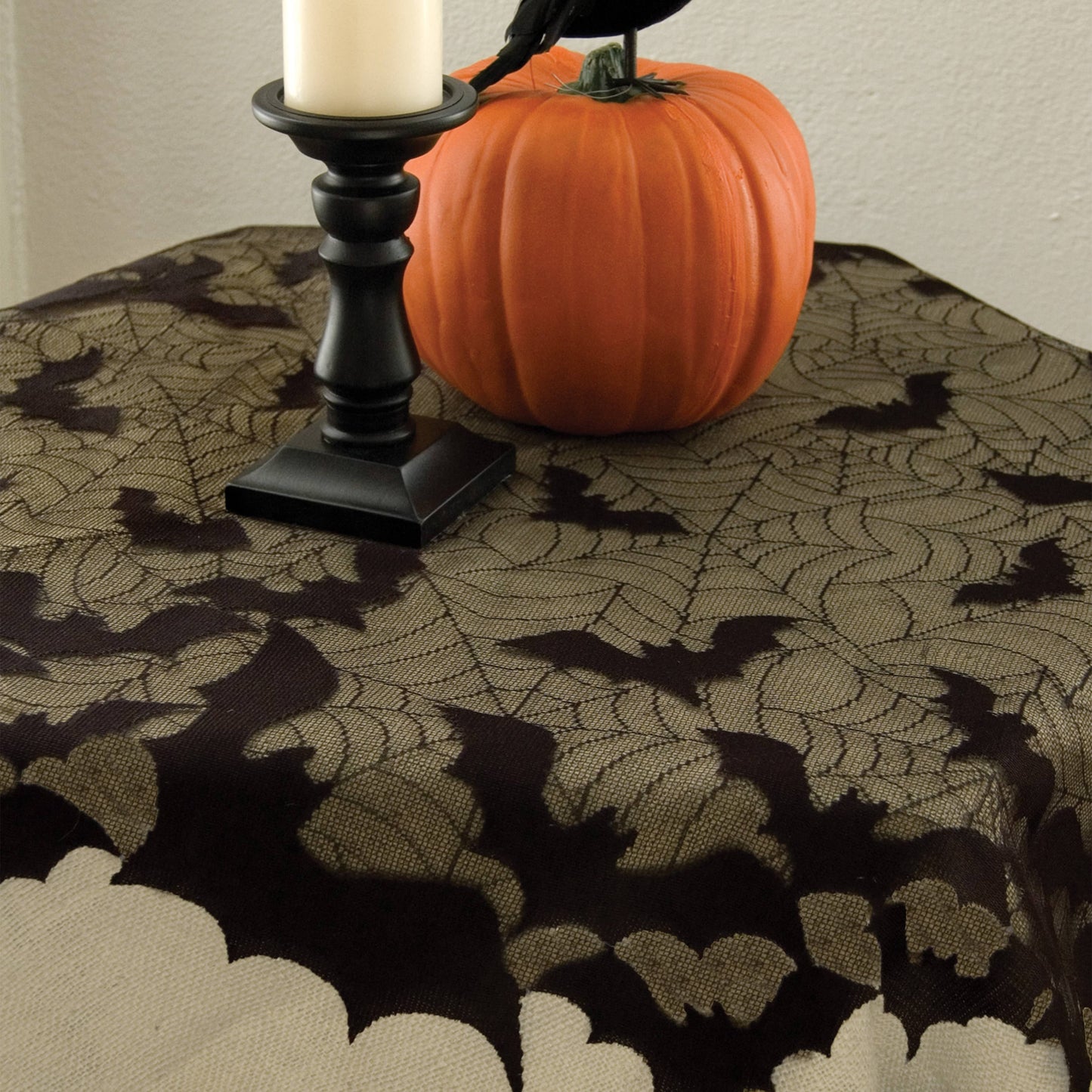 44" Round Lace Tablecloth - Halloween Bat Spider Web - Black