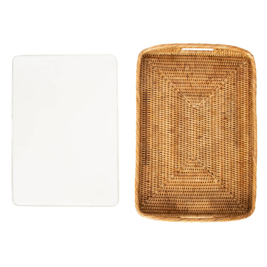 21" Rattan™ Rectangular Tray with Glass Insert - Honey Brown