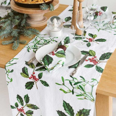 18"x54" Linen Table Runner - Holly & Mistletoe