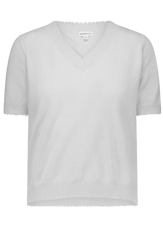 Cotton/Cashmere Frayed V Neck Sweater Tee, Short Sleeve - White