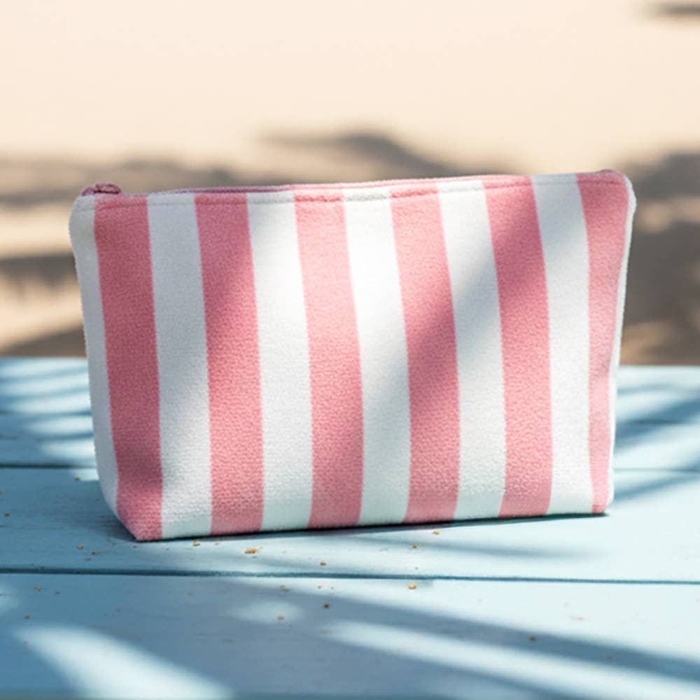 Striped Terry Cloth Cosmetic Pouch Bag: Pink