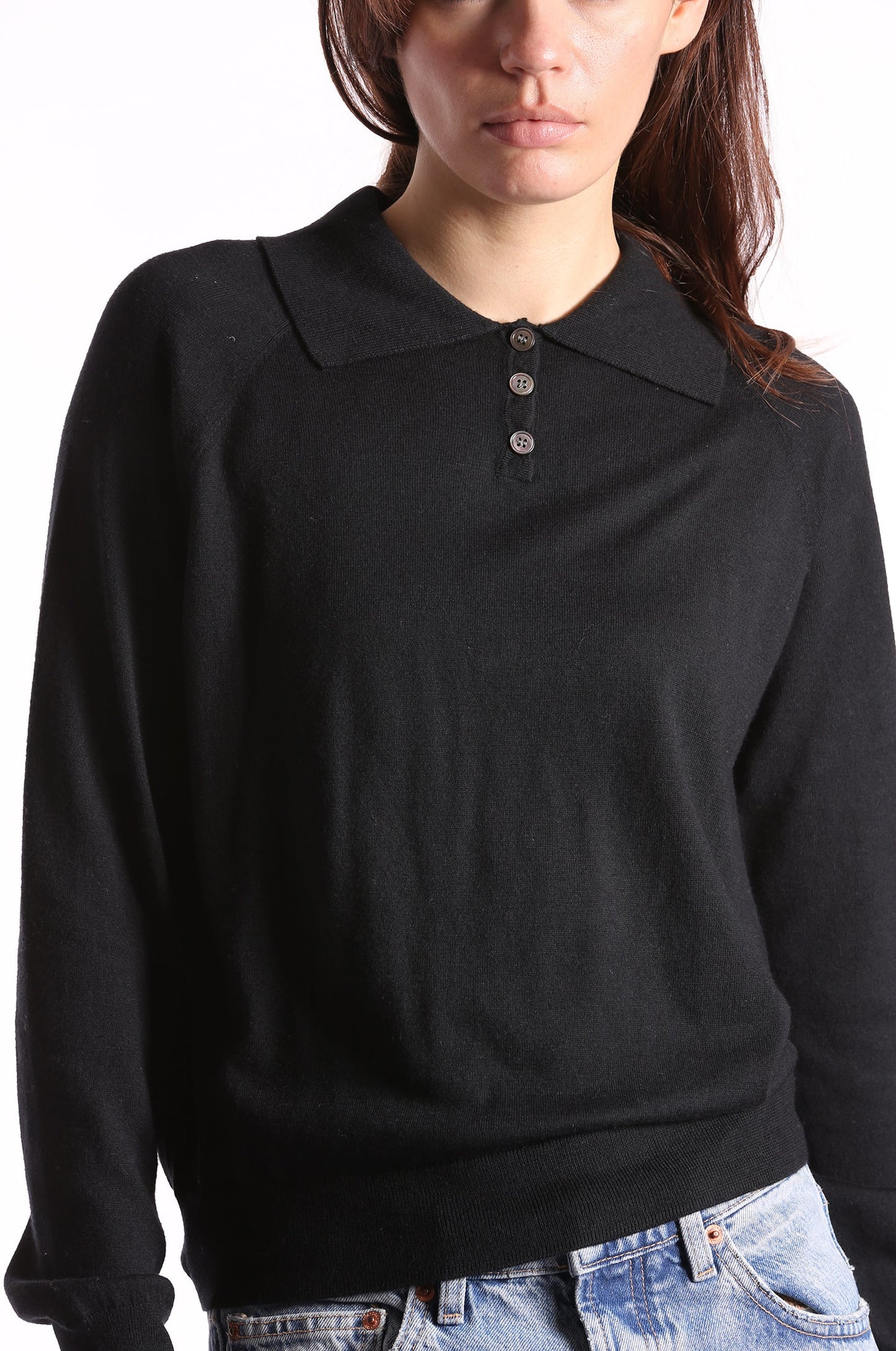 Supima Cotton Cashmere Long Sleeve Polo Henley - Black