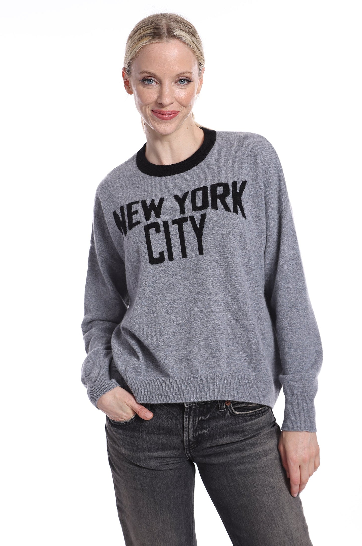 Cashmere New York City Crew Sweater - Grey Shadow/Black