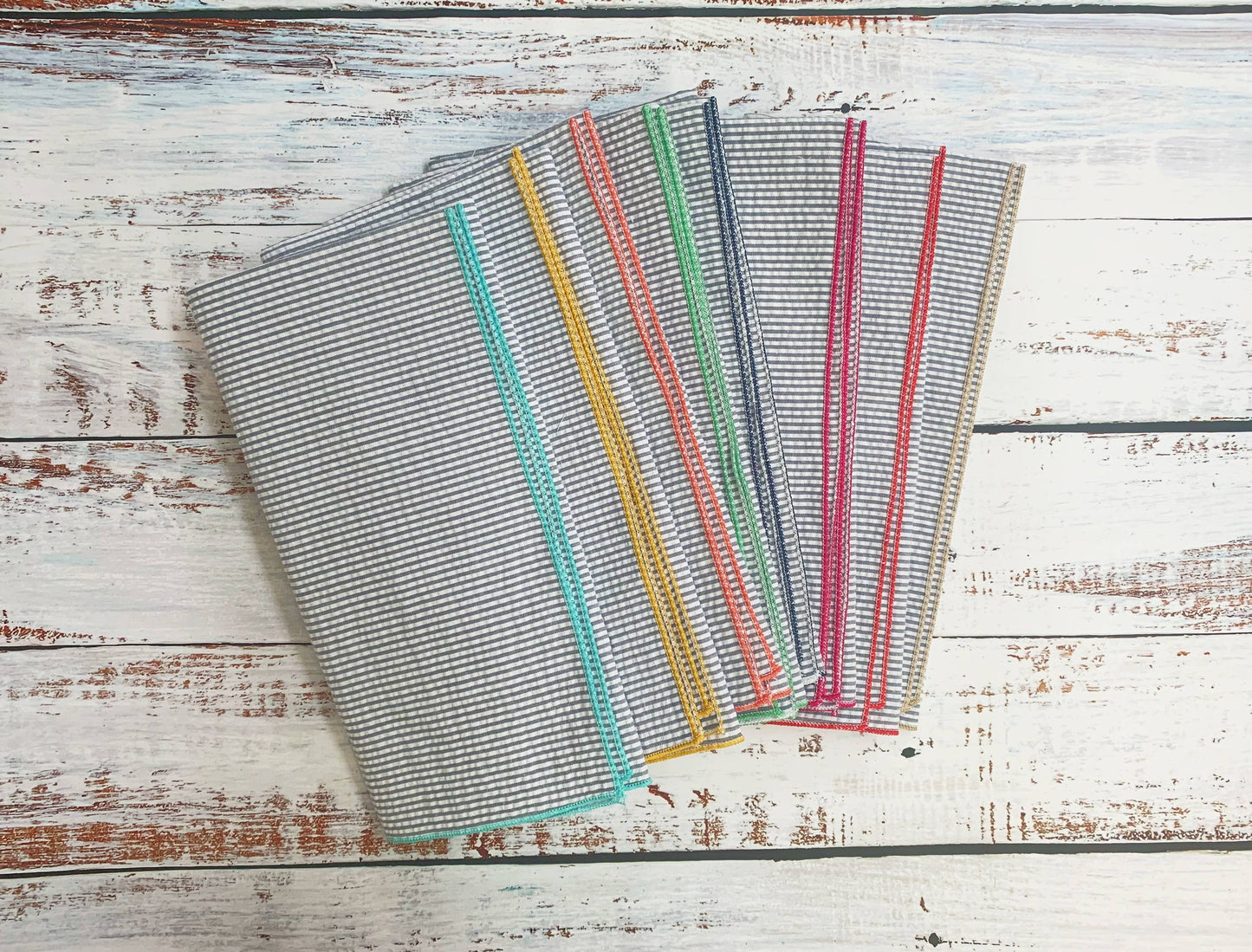 Set of 8 Grey Seersucker Cloth Cocktail Napkins with Colorful Edges, 10"