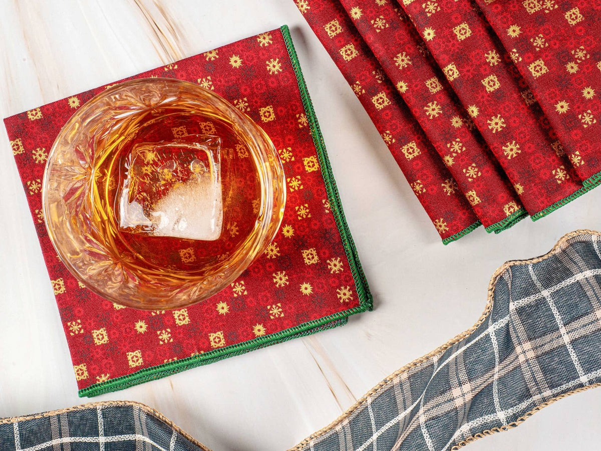 Cocktail Napkins - Set of 4 Retro Christmas Napkins Red/Gold