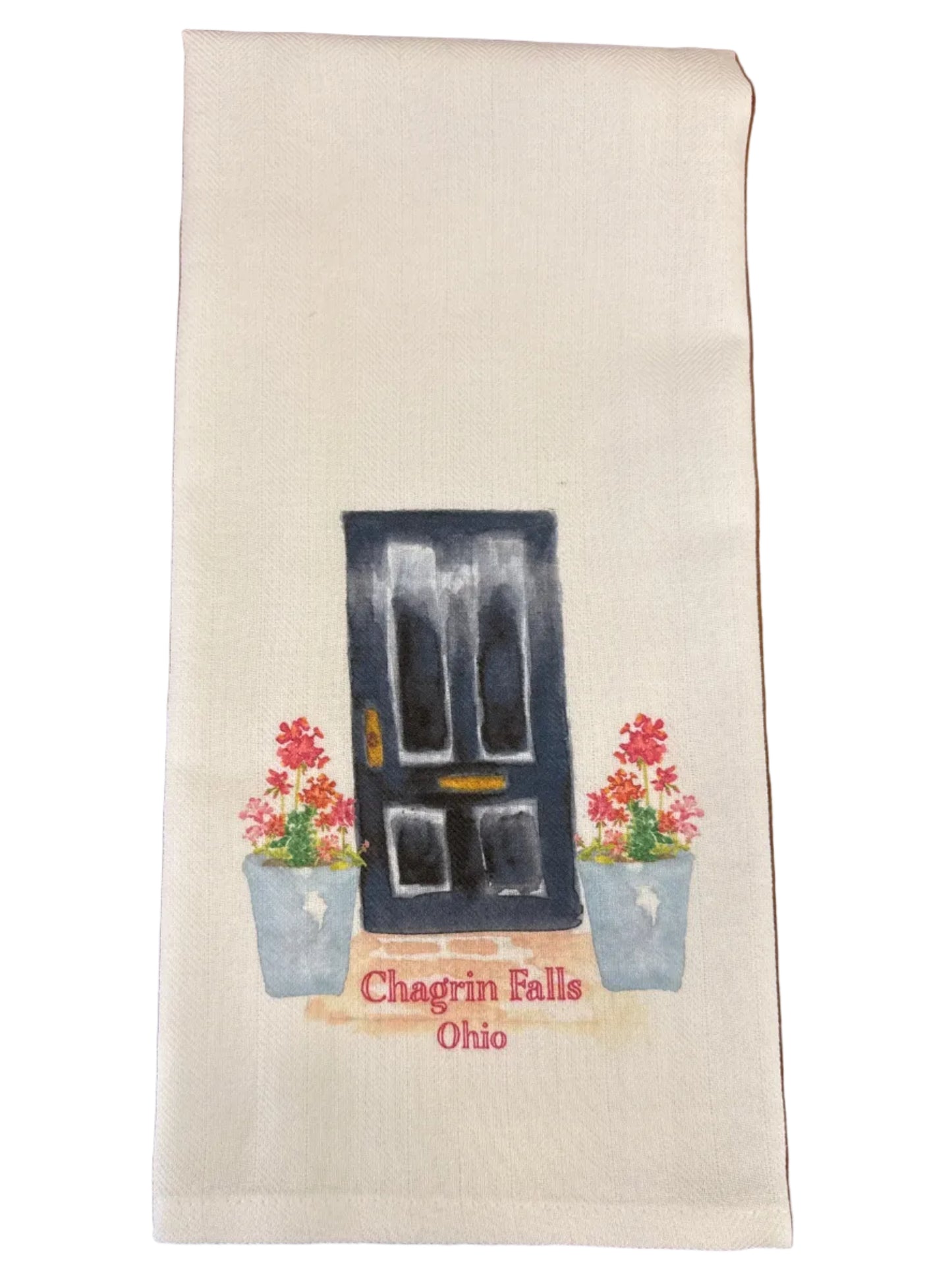 Tea Towel - Chagrin Falls - Black Door with Geraniums