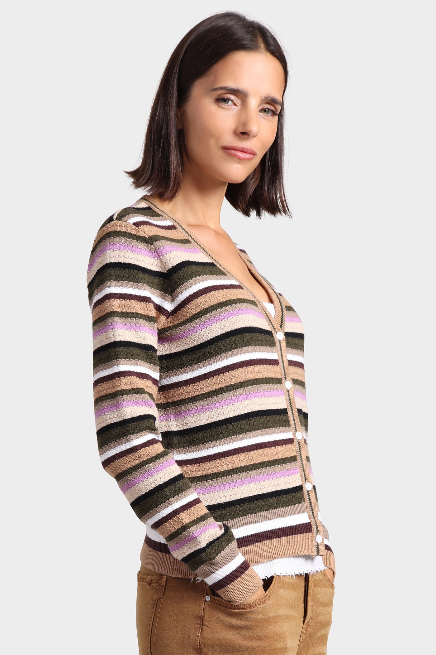 Cotton Cashmere Weekend Texture Stripe Cardigan - Army Combo