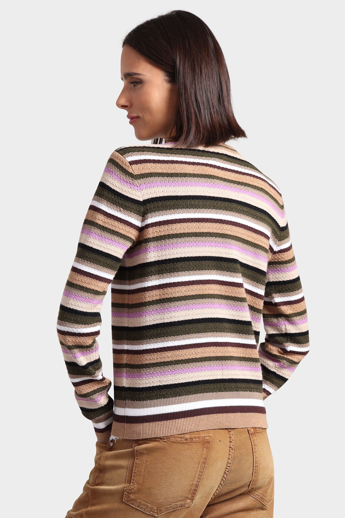 Cotton Cashmere Weekend Texture Stripe Cardigan - Army Combo